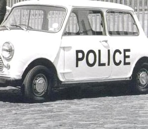 POLICE lettering on a black-and-white Liverpool police Mini